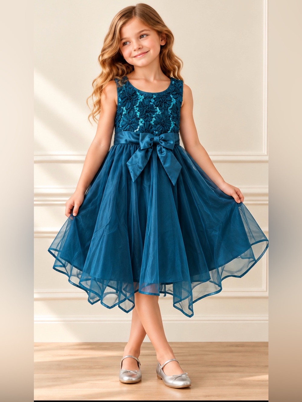 Holiday Editions Teal Floral Embroidered Bow Tulle Dress